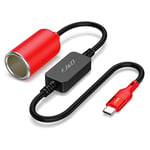 J&D USB C Male to 12V Car Cigarette Lighter Socket Female Converter Cable, 12V 18W Power Cable for Dash Cam, GPS, Car LED Light Strips, Red, 30 cm