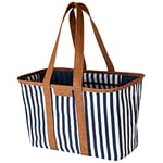 CleverMade SnapBasket Luxe Sac à provisions réutilisable et pliable 30 l – Grand sac fourre-tout structuré robuste, bleu marine à rayures