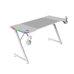 MARSGAMING MGD-X140RGB, Bureau Gaming Ergonomique, Éclairage ARGB avec Télécommande, Surface Fibre de Carbone, Tapis XXL, Supports Casque et Boisson, Gestion Câbles, Bureau Gaming 140x60cm, Blanc