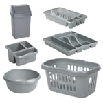 Silver Set - Sink Tidy Bowl 8L Swing Bin Hipster Cutlery Tray Dish Drainer