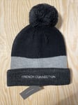 French Connection FCUK THTTR Bobble Beanie Hat  Black Grey One Size BNWT