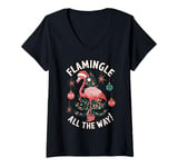 Womens Funny Christmas Flamingle All The Way Flamingo Xmas Party V-Neck T-Shirt