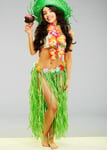 Womens Long Green Hula Grass Skirt with Flowers Hawaiian Fancy Dress Accessory