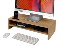 Oak Wood Computer Monitor Riser Mount Stand with Holder for Screen 2 Shelf