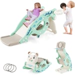 4 en 1 Toboggan Enfants avec 3 Modes & Motif d'ours, Cheval à Bascule Intérieur Extérieur avec Panier de Basketball & Ballon, Charge 50kg pour