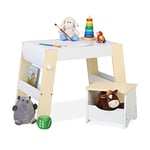 Relaxdays Tabouret et Table Enfants, Bureau et siège, Jeux et Rangement, Rouleau Papier Dessin, Set Table, Blanc - Beige