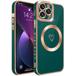 ECZOIL Coque Magnétique pour iPhone 13 Pro Max Protection complète de l'objectif de l'appareil Photo,Luxe en Forme cœur Soft TPU Phone Case for iPhone 13 Pro Max-Vert Foncé