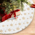 COOLWUFAN 48 inches/122cm Jupe de Sapin de Noël pour Arbre de Noël Décorations de Fête de Vacances Blanc en Peluche Doré Sequin Flocon de Neige