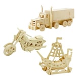 Georgie Porgy Kits de Construction en Bois Puzzle en Bois 3D Scie Sauteuse Maquettes en Bois pour Les Enfants Jouet Lot de 3 (Bateau Pirate camion Moto)