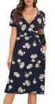 CHANGMU Women's Midi Dresses Ladies Summer Wrap Dress Casual Short Sleeve Frocks with Pockets, Print Floral Blue, Medium