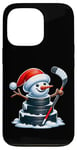 iPhone 13 Pro Cartoon Ice Hockey Puck Snowman with Santa Hat Christmas Case