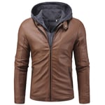 Blouson Cuir Homme avec Manteau De Collier À Capuche Tricoté Vêtements D'extérieur De La Moto À Manches Longues en Cuir Faux en Cuir,Marron,M