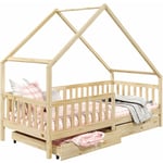 Lit cabane ALVA lit enfant simple asymétrique en bois 90 x 200 cm montessori, avec rangement 2 tiroirs, en pin massif naturel - Naturel