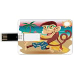 64G USB Flash Drives Credit Card Shape Tropical Animals Memory Stick Bank Card Style Hipster Monkey with Surfboard and Glasses Drinking on Beach in Sunny Day Kids,Multi Waterproof Pen Thumb Lovely Jum