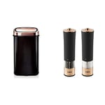 Tower Square Sensor Bin with Infrared Technology, Stainless Steel Black and Rose Gold, 58 Litre & Electric Salt and Pepper Mill, Stainless Steel, Soft-Touch Body, Rose Gold and Black