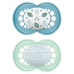 MAM Lot de 2 tétines à partir de 6 mois, avec tétine symétrique, plate et flexible en silicone Skin Soft Silicone facilement acceptable, avec boîte auto-stérilisatrice, originale, bleu brillant