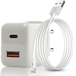 Snabb väggladdare - USB-C PD, USB-A - 20W med USB-A til Lightning kabel, 1m 1x Laddare, 1x 1m Lightning