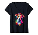 Womens Artistic Colorful Jack Russell Terrier Headphones Dog Jacky V-Neck T-Shirt