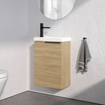 Meuble suspendu bois laqué + lavabo vasque céramique avec porte + poignée métal Noir mat, 40,5x22x55cm, TIM 400, Chêne blanchi