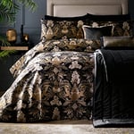 Laurence Llewelyn-Bowen - Housse de Couette Jungle Noir/Or - 230 x 220 cm - 100% Coton Doux - 2 Taies d'oreiller - Literie de Luxe avec Léopards - Housse de Couette Bohème/Damassée en Noir