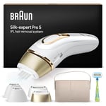 Braun Silk·expert Pro 5 Épilateur À Lumière Pulsée, Épilation Semi-Définitive, Alternative Au Laser Pour 1 An De Peau Douce, 1 Vanity Case, 4 Têtes et Rasoir Venus, Blanc/Doré, PL5342