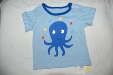 M&S Striped  T Shirt with Octopus on Front Blue & White Age 0-3 Months BNWT