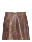 REMAIN Birger Christensen Leather Pleated Skirt Brun