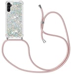 MXKOCO Collier pour Samsung Galaxy A14 5G Coque -Dégradé Glitter Liquide Filles Femmes Étui Étincelle Étui À Bandoulière Et Cordon Collier avec Réglable Cordon Lanière Pochette