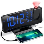 Reveil Projecteur avec Radio, Horloge Numérique, Réveil avec Port de usb, 3 Niveaux de Luminosité Réglables, Snooze et 15 Niveaux de Volume, 12/24h,