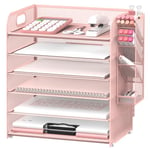 SUPEASY Organiseur de Bureau à 6 Niveaux avec 4 Porte-stylos, bac à courrier en Maille avec poignée, Plateau de Rangement de Bureau pour Dossier de fichiers A4, Rose