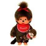 Sekiguchi 242184 – Peluche Originale Monchhichi Fille avec Mini Monchhichi avec Bavoir Rouge et nœud dans Les Cheveux, env. 20 cm en Peluche Marron