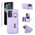 Phone Case For Samsung Galaxy S22 Ultra 5G Wallet Cover with Crossbody Shoulder Strap and Leather Credit Card Holder 360°Rotation Ring Kickstand Cell S22ultra 22S S 22 S22ultra5g 6.8 Girls Purple