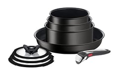 Tefal Ingenio Unlimited ON 8 piece Non-Stick Induction Pan Set, 28 cm Frying Pan, 16&18&20 cm Saucepans, 16&18&20 cm Glass Lids, 1 Bakelite Removable Handle, Easy Cleaning, Black, L3959053