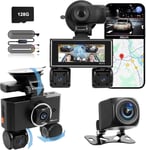 Dashcam Voiture 360 degrés,Camera Voiture 360° Dash cam,avec 4 x Camera 1080P Avant et Arriere Gauche Droite,écran Tactile,Mode Parking 24 Heures,WiFi/GPS/capteur G/Carte 128Go/câble réducteur(Q144)