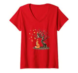 Womens Fox And Owl On The Tree Animal Lover Autumn Leaves V-Neck T-Shirt