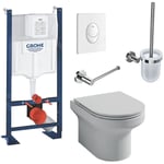 Pack wc suspendu Jacob Delafon sans bride Elite abattant + Bâti support Grohe RapidSL + plaque blanche + Porte-balai + Porte-rouleau