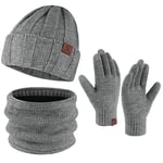 Hommes Hiver Chaud Bonnet Echarpe Thermique Gants Tactiles Ensemble Tricot avec Cache-Cou Cadeau Homme Noel