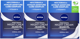 3 x Nivea 24H Moisturising Night Cream with Vitamin E , Pro Vitamin B5 - Vegan