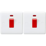 Knightsbridge CU8331N Curved Edge 1 Gang DP Switch and Neon in White with White Rockers, Cooker 45A Red Switch + Neon (Pack of 2)