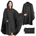 SOPPY Manteau de pluie pour femme, long poncho de pluie, imperméable, coupe-vent, cape de pluie, avec poche à rabat à capuche, cordon de serrage, Noir