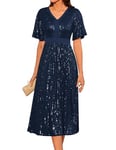 GRACE KARIN Robe Trapèze Décontractée de Cocktail Élégante Mi-Longue Col en V Manches Longues de Sequins Jupe Plissée Taille Haut S Bleu Foncé