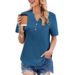 Weardear Chemisiers Et Blouses Femme Mousseline 100% Cotone Tunique Tee Shirt Modern Col V Festifs Boutonné Respirant Manches Courtes Chic élégant Haut Top Loisirs Bleu S