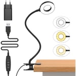 10W Lampe de Bureau à Pince avec Adaptateur USB[3 Modes d'Éclairage &10 Niveaux de Luminosité] Flexible à 360°Lampe Lecture Clipsable, 40CM Lampe