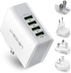 Chargeur Usb Multiple, 4 Ports Usb Secteur Internationale, 5V/4.4A Adaptateur Prise Anglaise/Europe/Americaine/Australie Avec Technologie Smart Ic Pour Téléphones Portables Tablettes Pc