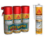 SIKA - Lot de 3x400ml, Mousse PU Moyen Format, Sika Boom 128, expansion 20L, Usage tous sens, Blanc + 1x Mastic acrylique, SikaSeal-184 Maçonnerie, spécial fissures, intérieur/extérieur, Gris, 300ml