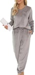 Lovasy Fleece Pyjamas for Women Warm Womens Pyjama Sets Ladies Fluffy fleece Pyjamas Twosie Fluffy Pjs for Women Sets Soft Fluffy Loungewear with Pockets for Winter,Grey,S