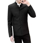 Pearl's Men's Chinese Tunic Suits Mandarin Collar Formal Jacket Slim Fit Front Button Blazer Traditional Uniform Groom Dress - Black - Medium