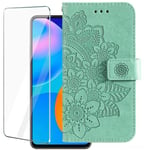 Verre trempé +Etui Samsung Galaxy A33 5G, Antichoc Housse Cuir PU Portefeuille Etui [Fentes pour Cartes] - sept fleurs vertes