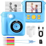 AORILE Kids Camera,Instant Print Camera for Kids,1080P HD Digital Camera with 32G SD Card,3 Rolls Photo Paper & 6 Color Pens, for 3-14 Year Old Girls (Blue)