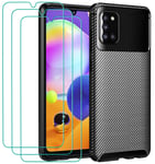 ivoler Case for Samsung Galaxy A31 + 3 Pack Tempered Glass Screen Protector, Carbon Fiber Design Shock Absorption Bumper Cover, Slim Soft Silicone Shockproof Phone Case - Black